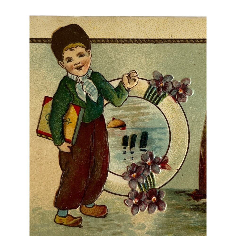Atq Early 1900s Ephemera Posted Postcard Best Wishes Dutch Boy Nautical Sailboat